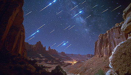 Witness a breathtaking meteor shower in a desert landscape, with shooting stars streaking across the vast, open night sky.