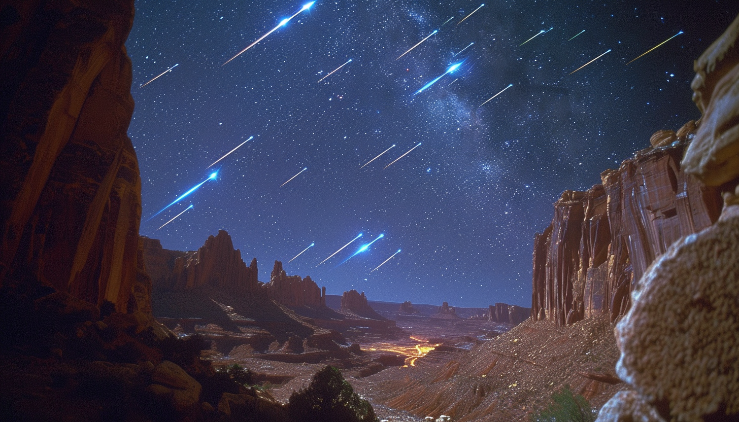 Witness a breathtaking meteor shower in a desert landscape, with shooting stars streaking across the vast, open night sky.