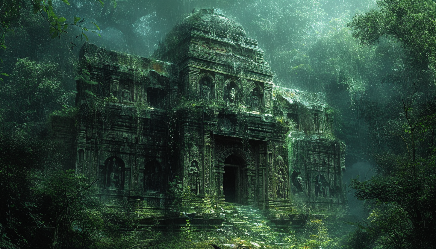 Abandoned ancient temple in a dense jungle, overrun by vines, with mysterious statues and a hidden treasure chest.