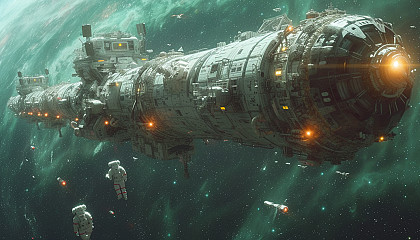 A space station orbiting a distant planet, with astronauts in spacesuits and advanced technology against the backdrop of the cosmos.