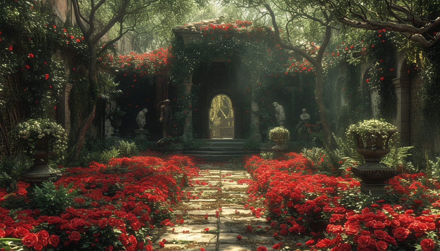 Discover a secret garden hidden within an overgrown maze, filled with hidden treasures, enchanting statues, and a sense of mystery.