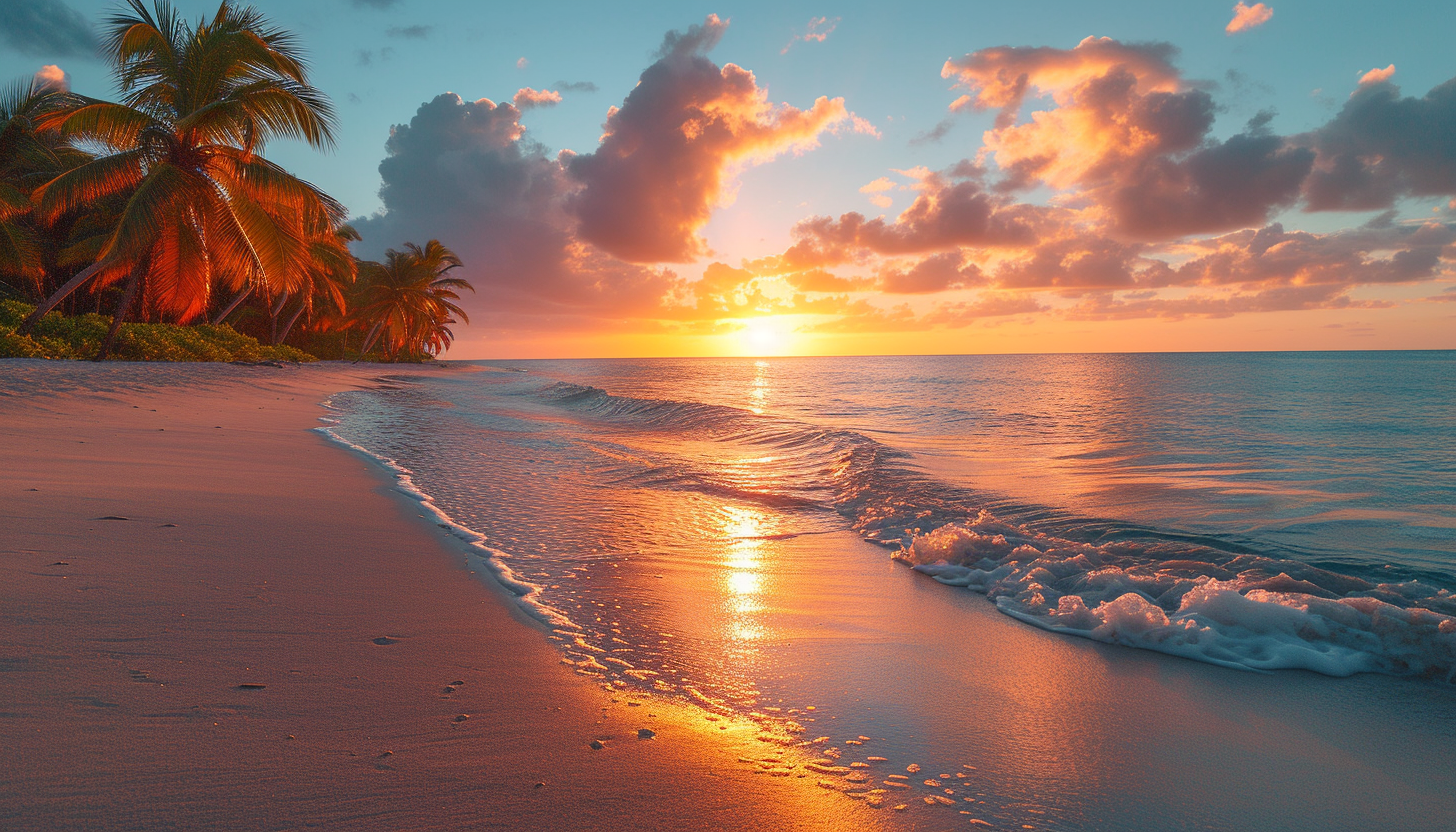 A sun-kissed beach at sunset, with palm trees, golden sands, and gentle waves rolling in under a colorful sky.