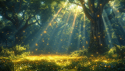 Discover a tranquil forest glade bathed in dappled sunlight, where ancient trees stand tall, fireflies dance, and a sense of wonder fills the air.