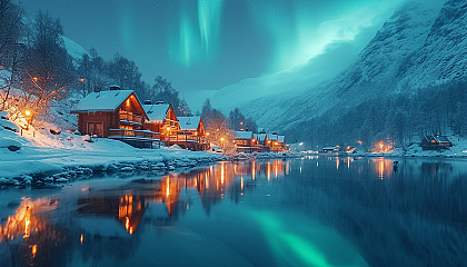 Traditional Nordic village during the Northern Lights, with cozy wooden cabins, a frozen lake, and reindeer grazing nearby.
