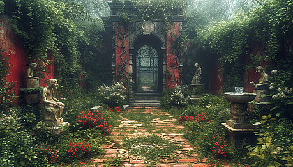 Discover a secret garden hidden within an overgrown maze, filled with hidden treasures, enchanting statues, and a sense of mystery.