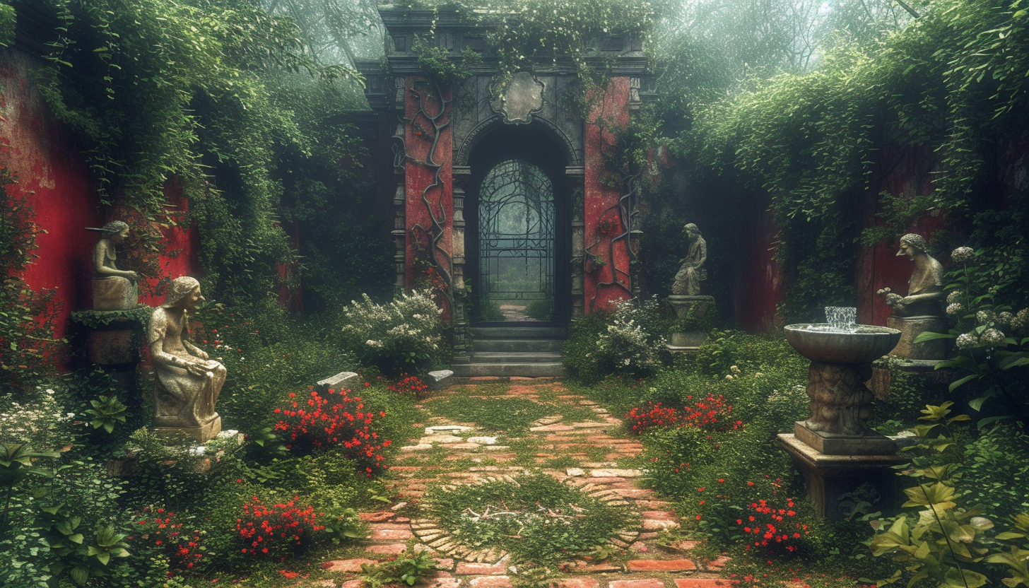 Discover a secret garden hidden within an overgrown maze, filled with hidden treasures, enchanting statues, and a sense of mystery.