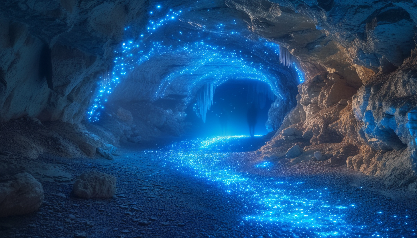 Enter a subterranean cavern illuminated by bioluminescent fungi, creating an eerie, phosphorescent underground world.