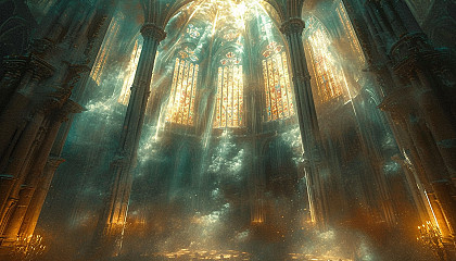 Gothic cathedral interior, with intricate stained glass windows, towering columns, and rays of light filtering through the dust.