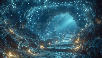 Enter a subterranean cavern illuminated by bioluminescent fungi, creating an eerie, phosphorescent underground world.