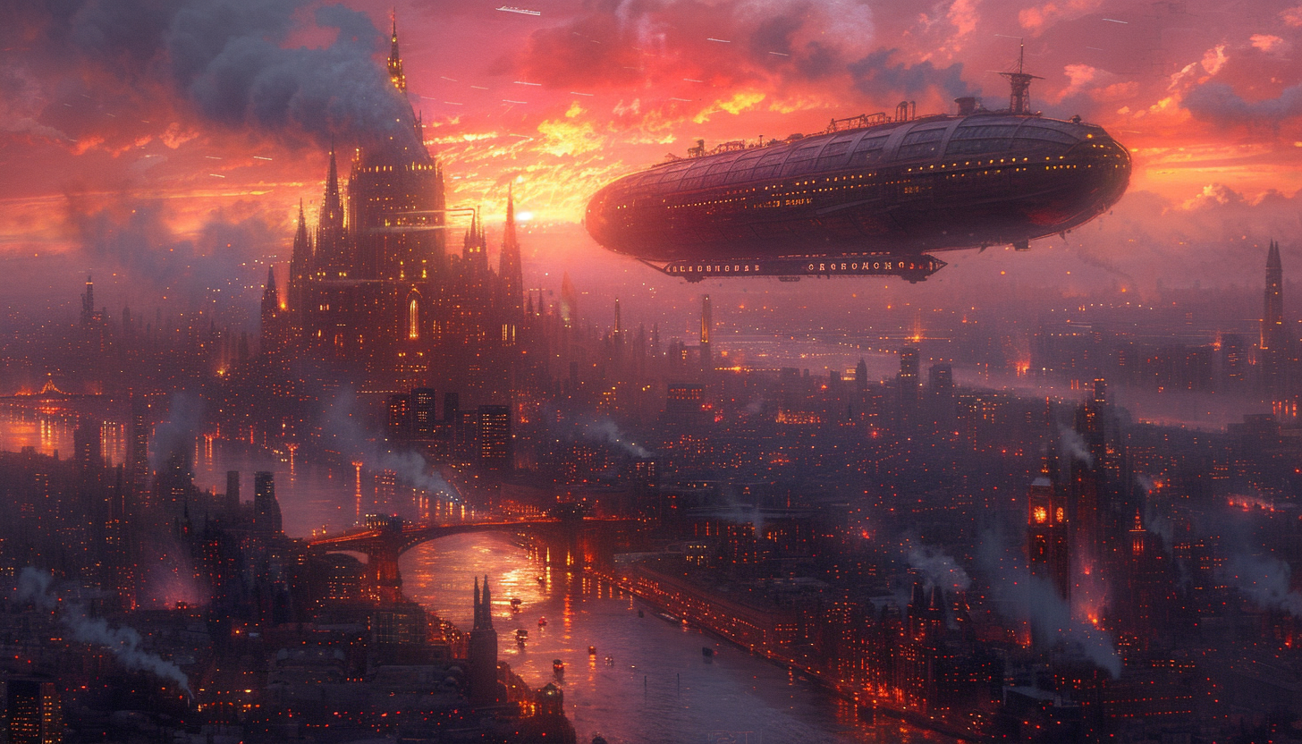 Navigate a dieselpunk cityscape, where steam-powered machinery, towering smokestacks, and airships define the industrial age.