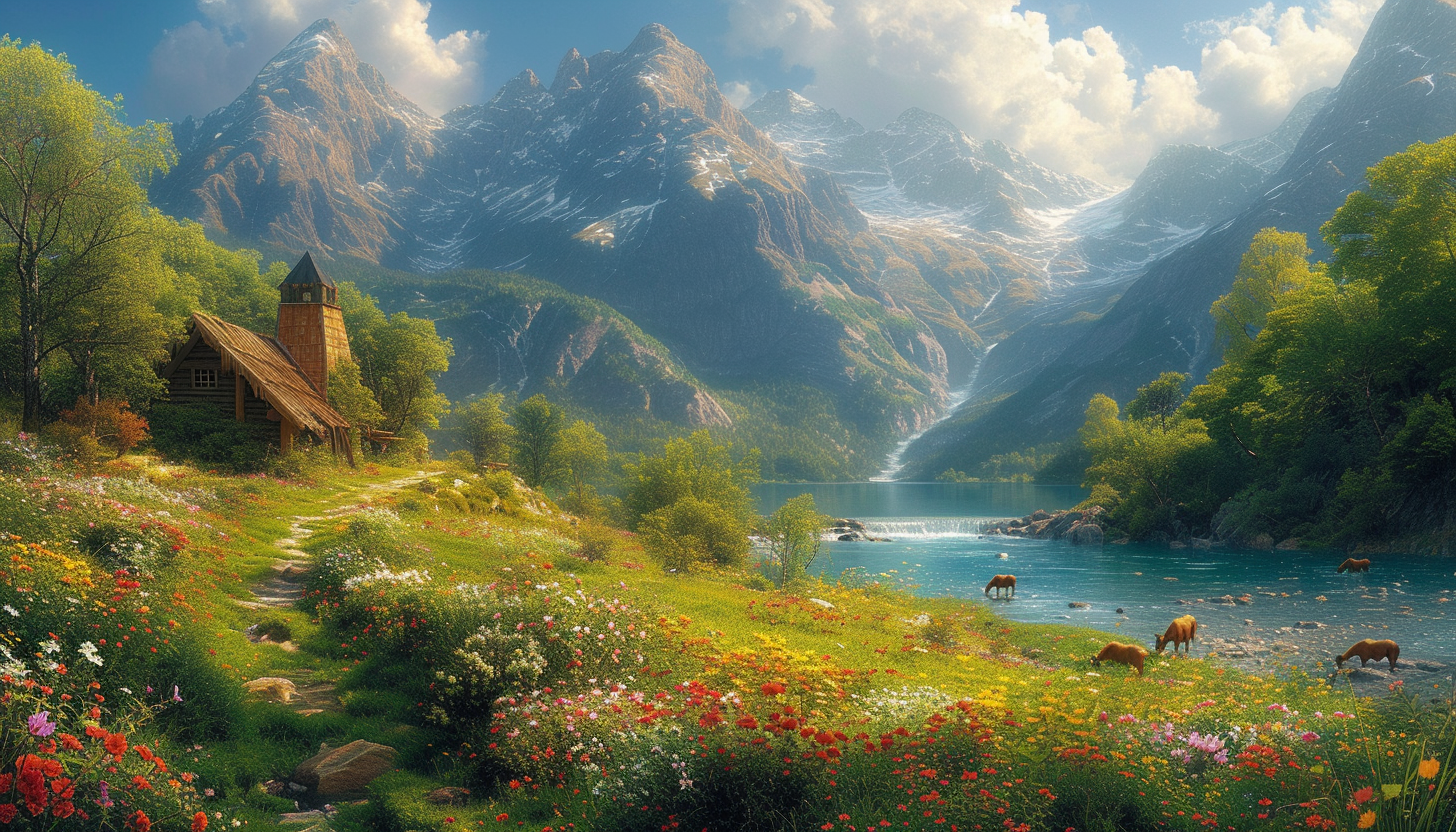 A verdant valley in springtime, with a bubbling stream, colorful wildflowers, grazing animals in the distance, and a quaint wooden bridge crossing the water.