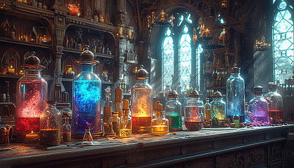 Step into a medieval alchemist's laboratory, with bubbling potions, arcane symbols, and the promise of mystical discoveries.