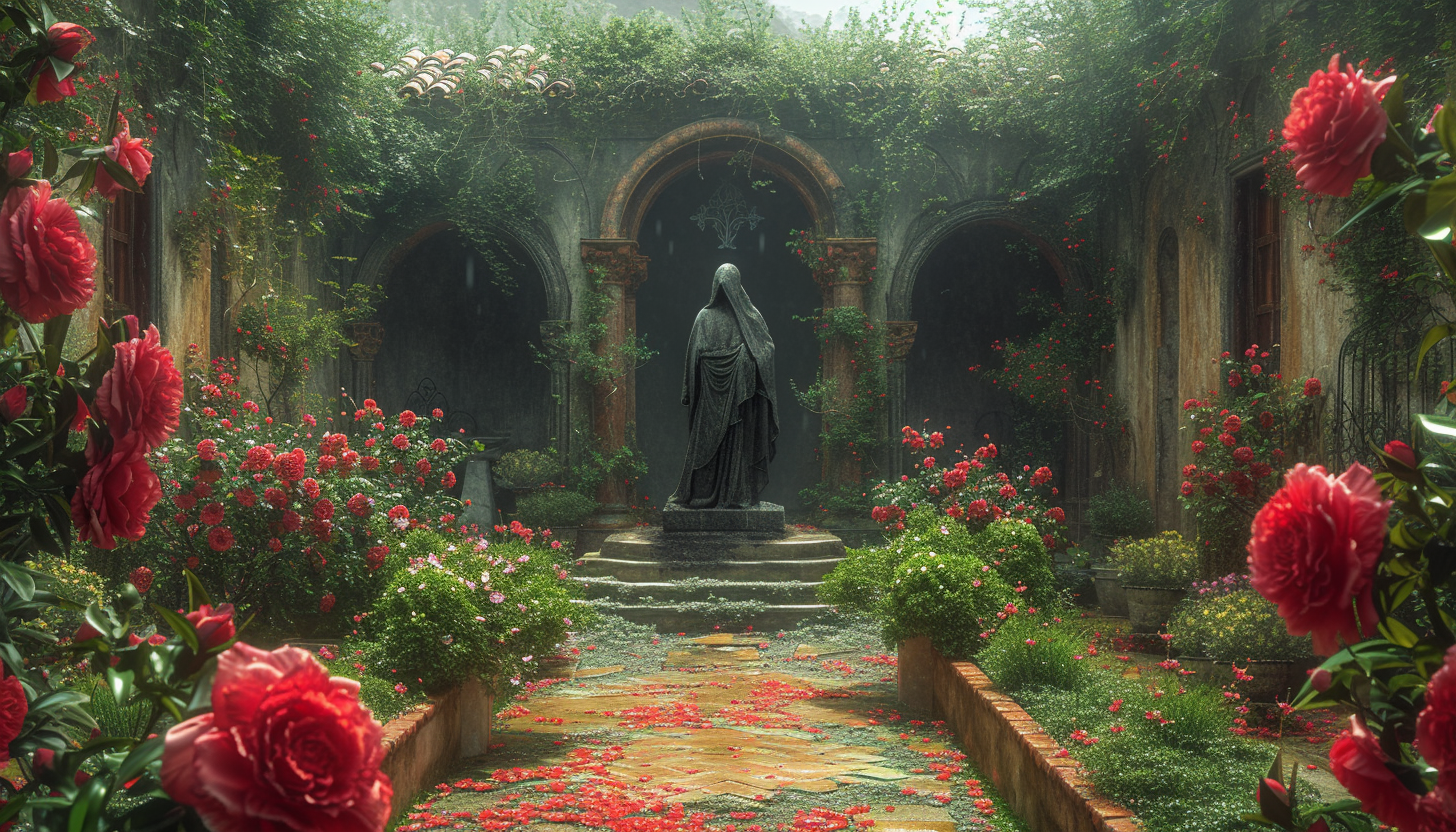 Discover a secret garden hidden within an overgrown maze, filled with hidden treasures, enchanting statues, and a sense of mystery.