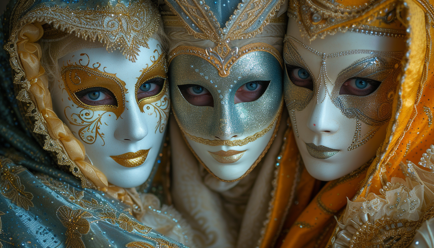 Attend an elegant masquerade ball in a Venetian palace, where masks conceal identities, and graceful dancers twirl in a sea of opulent costumes.