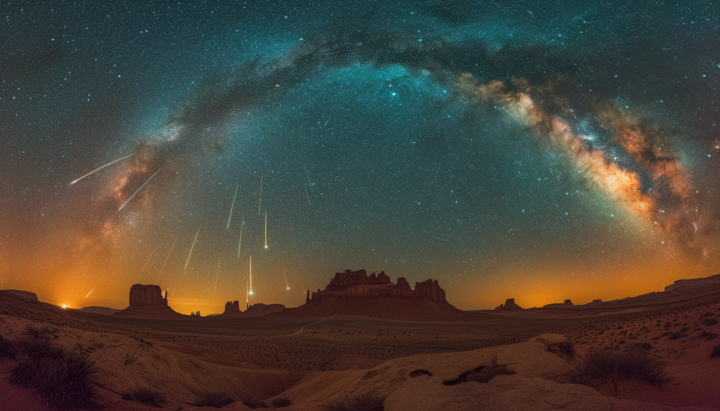 Witness a breathtaking meteor shower in a desert landscape, with shooting stars streaking across the vast, open night sky.