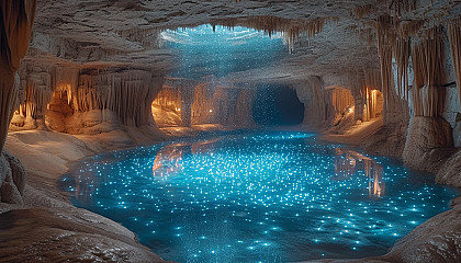 Enter a subterranean cavern illuminated by bioluminescent fungi, creating an eerie, phosphorescent underground world.