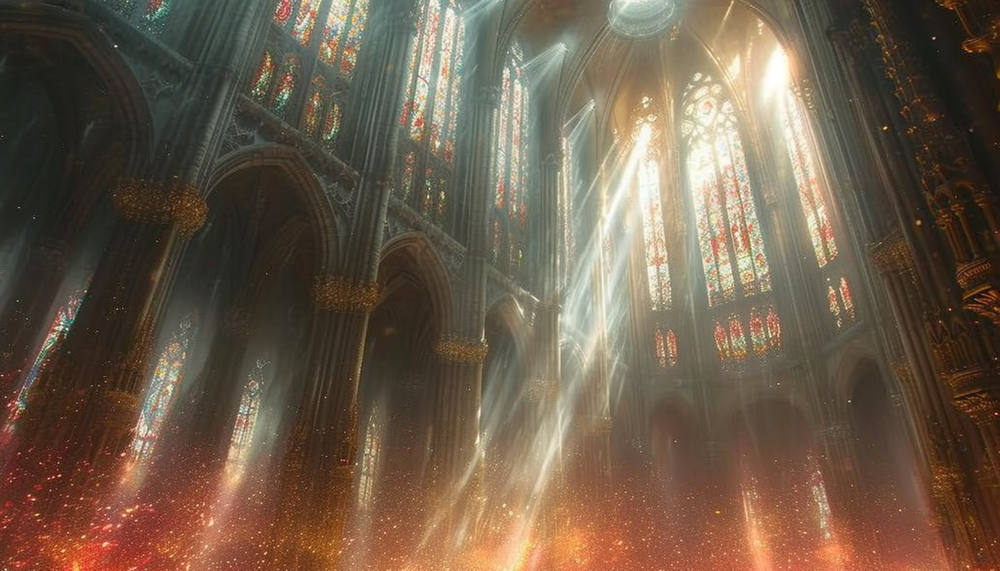 Gothic cathedral interior, with intricate stained glass windows, towering columns, and rays of light filtering through the dust.