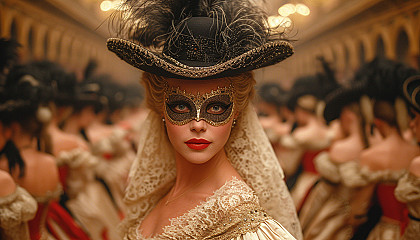 Attend an elegant masquerade ball in a Venetian palace, where masks conceal identities, and graceful dancers twirl in a sea of opulent costumes.