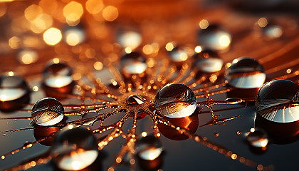 A close-up of dew drops on a spider's web, reflecting the morning sun.