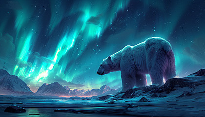 Visualize an Arctic landscape with snow-covered mountains, polar bears, and the mesmerizing dance of the Northern Lights in the night sky.