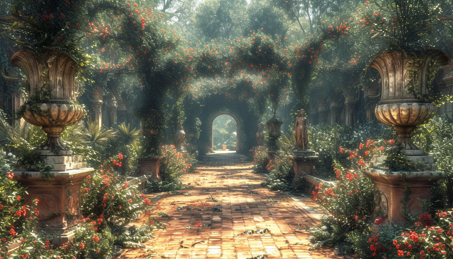 Discover a secret garden hidden within an overgrown maze, filled with hidden treasures, enchanting statues, and a sense of mystery.