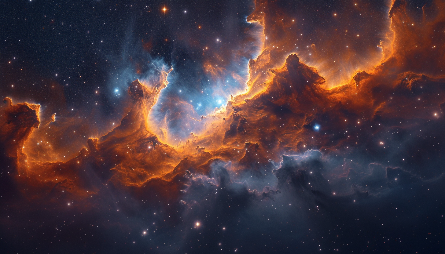 Embark on an interstellar voyage through a cosmic nebula, where swirling gas clouds and newborn stars paint a breathtaking celestial canvas.