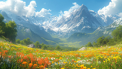 An alpine meadow in full bloom, surrounded by snow-capped mountains, wildflowers, and the sounds of nature.