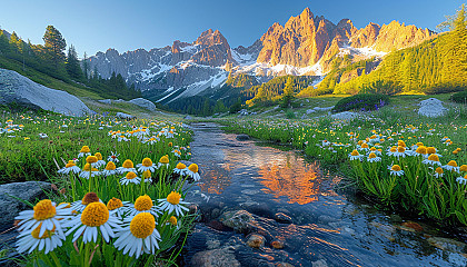 Explore a tranquil alpine meadow at sunrise, with wildflowers, towering peaks, and a clear mountain stream reflecting the early morning light.