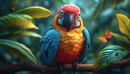 Design an app icon that brings to life the vibrant colors of a tropical rainforest, teeming with exotic birds, butterflies, and lush vegetation.