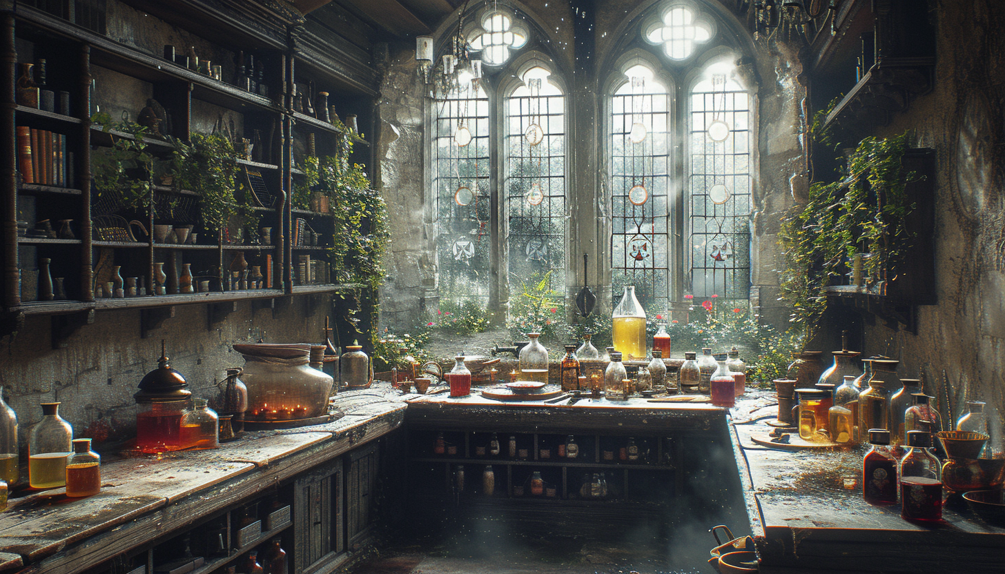 Step into a medieval alchemist's laboratory, with bubbling potions, arcane symbols, and the promise of mystical discoveries.