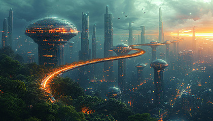 Design a high-tech metropolis of the future, where sleek, glass buildings stretch into the sky, and hovercrafts zip through translucent highways.