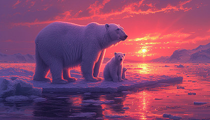 Serene Arctic scene with a family of polar bears on a floating ice cap, surrounded by a vast, icy ocean and a sky with subtle hues of pink and purple during the polar twilight.