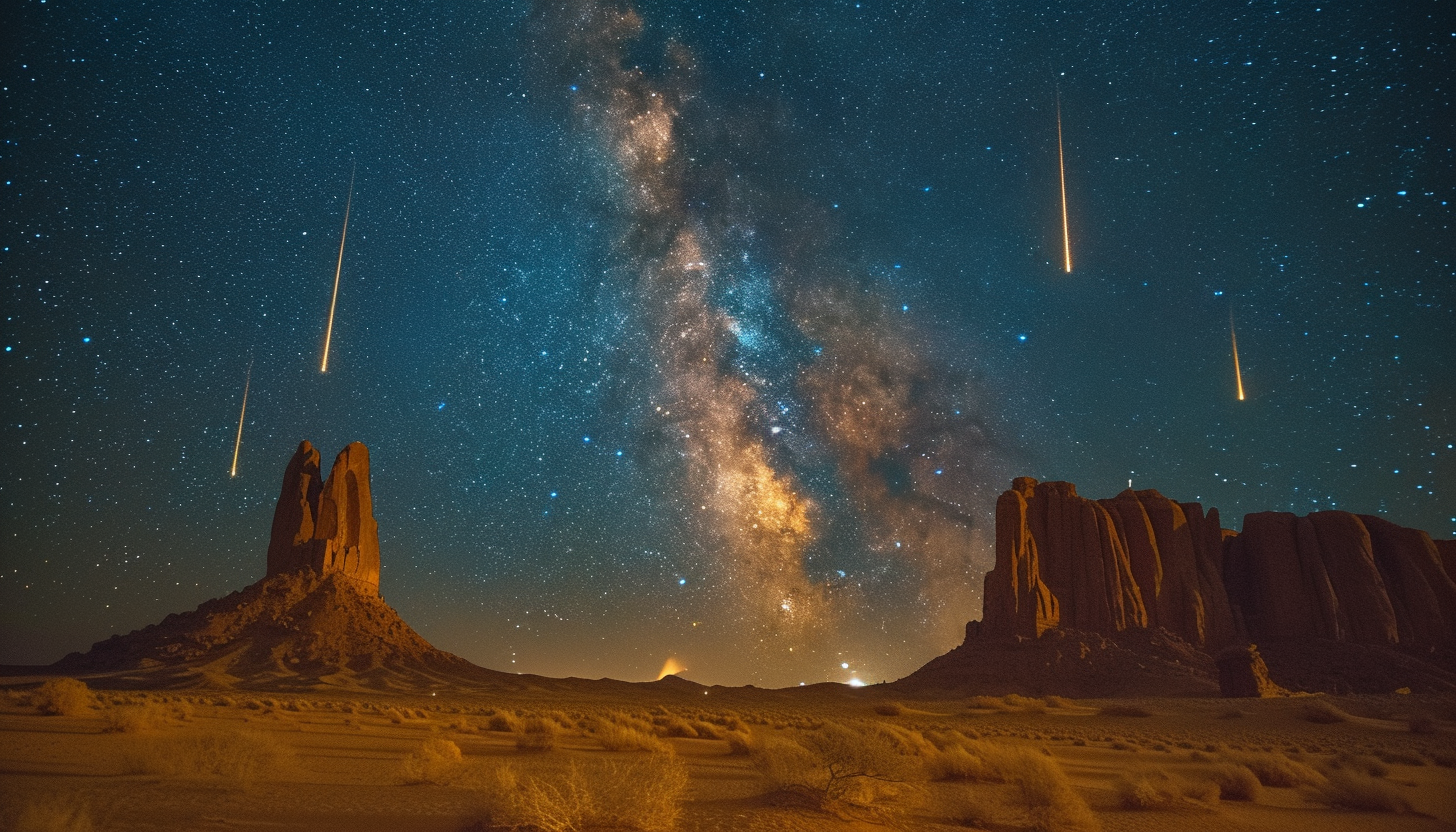 Witness a breathtaking meteor shower in a desert landscape, with shooting stars streaking across the vast, open night sky.