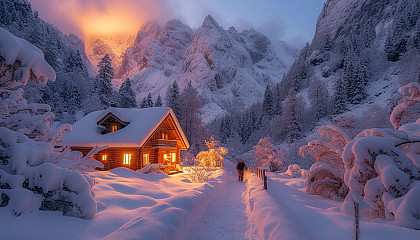 Cozy mountain cabin at winter night, surrounded by snow-covered trees, with warm light from windows and a starry sky above.