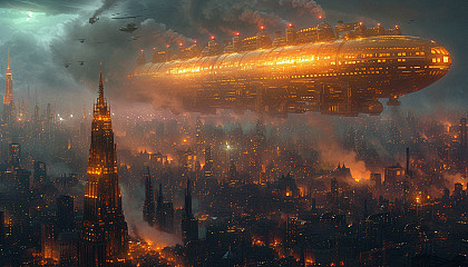 Navigate a dieselpunk cityscape, where steam-powered machinery, towering smokestacks, and airships define the industrial age.