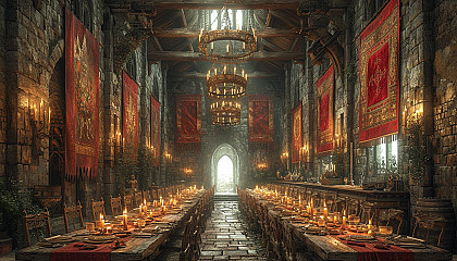 Step into a medieval castle's grand hall, adorned with tapestries, suits of armor, and a long dining table set for a royal feast.