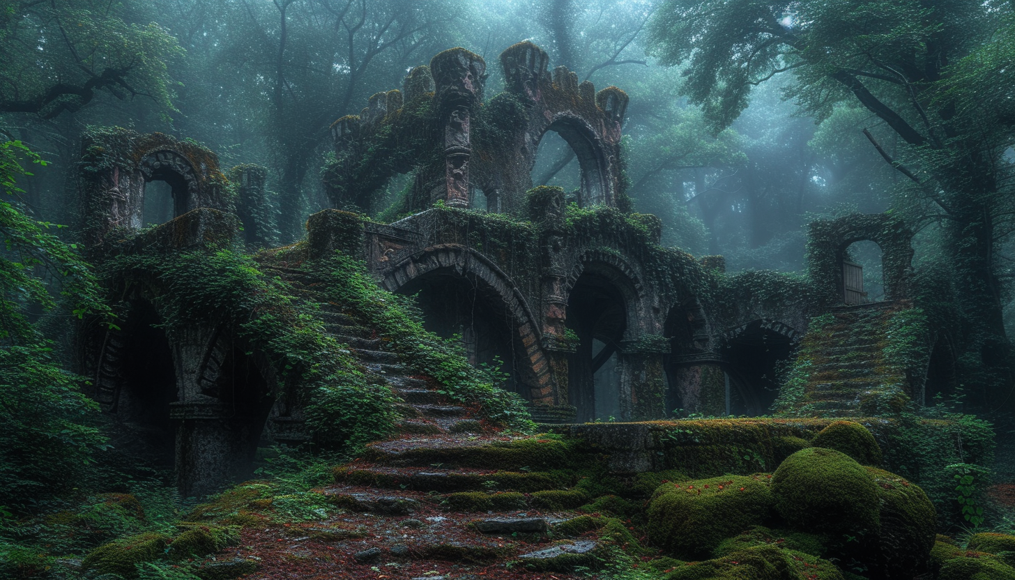Step into a medieval fantasy realm within the castle's enchanted forest, where mythical creatures roam amidst ancient trees and moss-covered stones.
