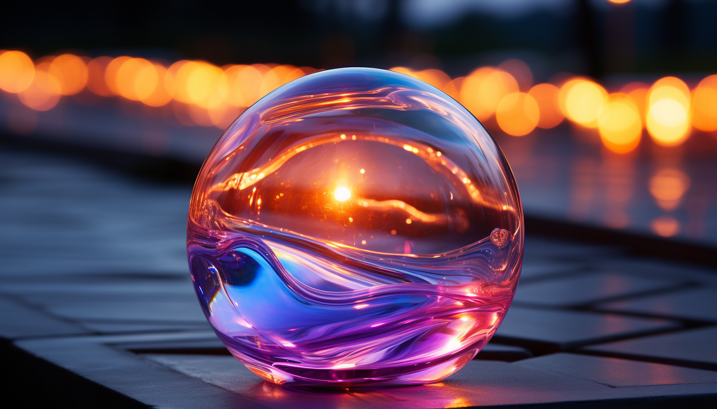 The iridescent surface of a bubble reflecting the light around it.