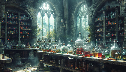 Step into a medieval alchemist's laboratory, with bubbling potions, arcane symbols, and the promise of mystical discoveries.