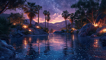 Nighttime in a desert oasis under a canopy of stars, with palm trees surrounding a small, serene pool of water, and the gentle rustling of nocturnal creatures.