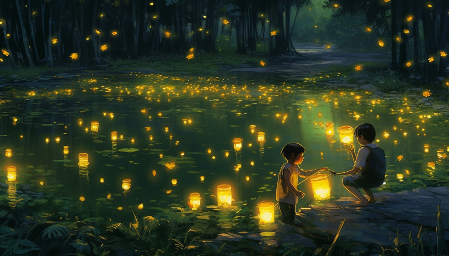 Glowing fireflies lighting up a summer night.