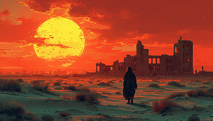 Survive a post-apocalyptic desert landscape, with sand dunes, abandoned ruins, and a lone wanderer searching for signs of life.
