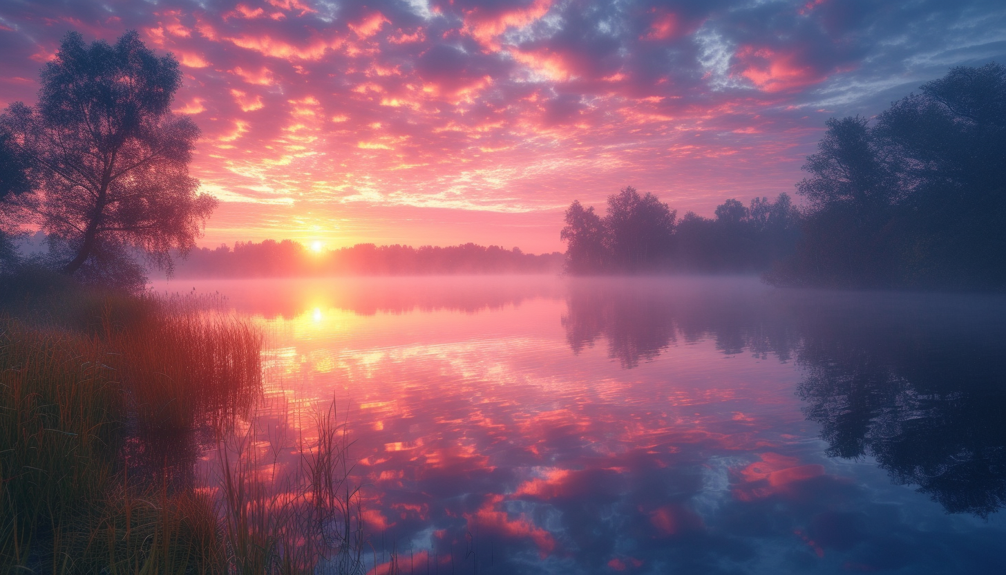 Discover a tranquil lakeside scene at dawn, where mist rises from the water, and the first light of day paints the sky with delicate pastels.