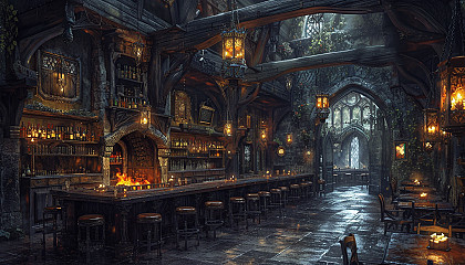 A medieval fantasy tavern with wooden beams, roaring hearths, and adventurers sharing tales of their quests over tankards of ale.