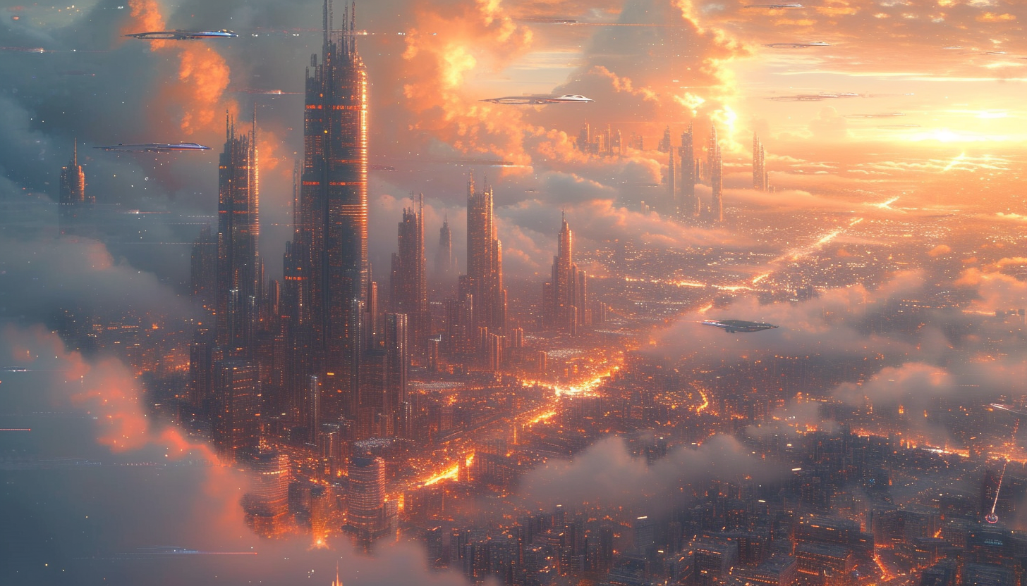 Design a high-tech metropolis of the future, where sleek, glass buildings stretch into the sky, and hovercrafts zip through translucent highways.