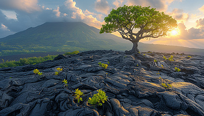 Dynamic volcanic landscape featuring a gently smoking volcano in the background, rugged lava fields, and resilient flora sprouting through the hardened lava.