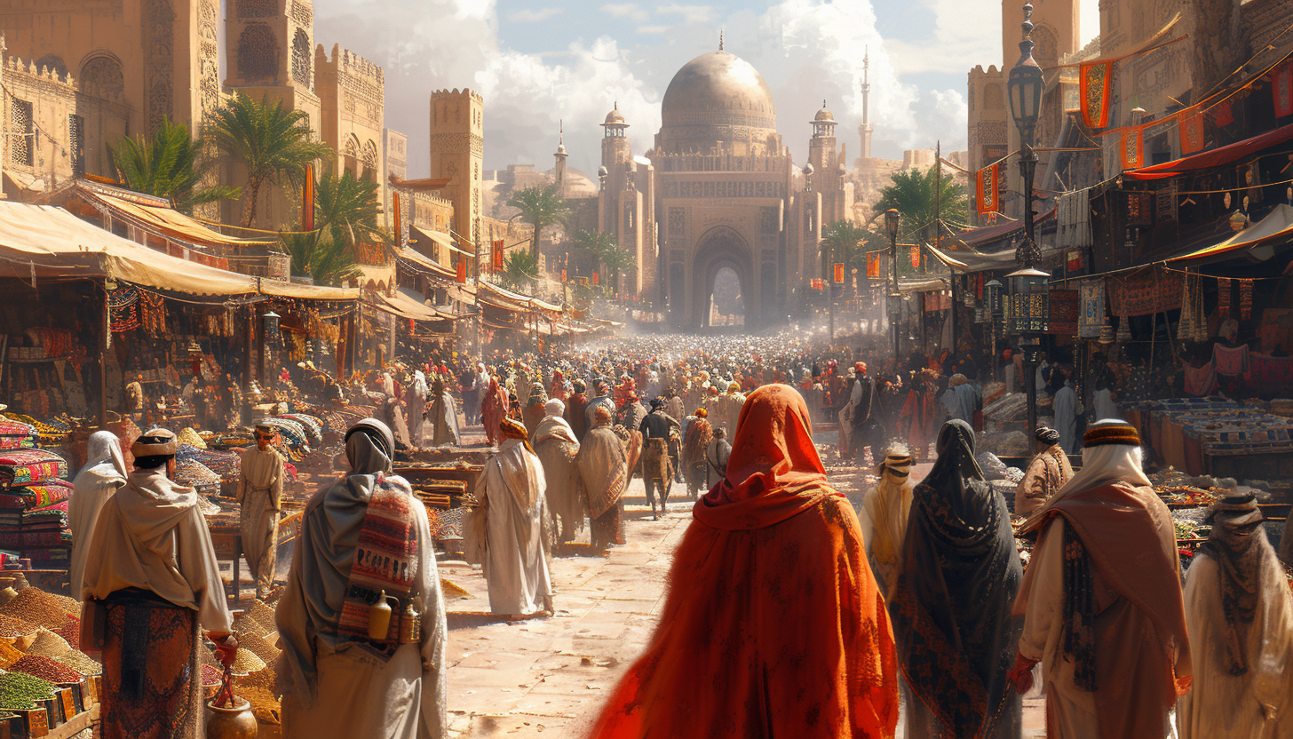 Traditional Arabian market at sunset, with spice stalls, rich textiles, bustling crowds, and a view of the desert and camels in the distance.