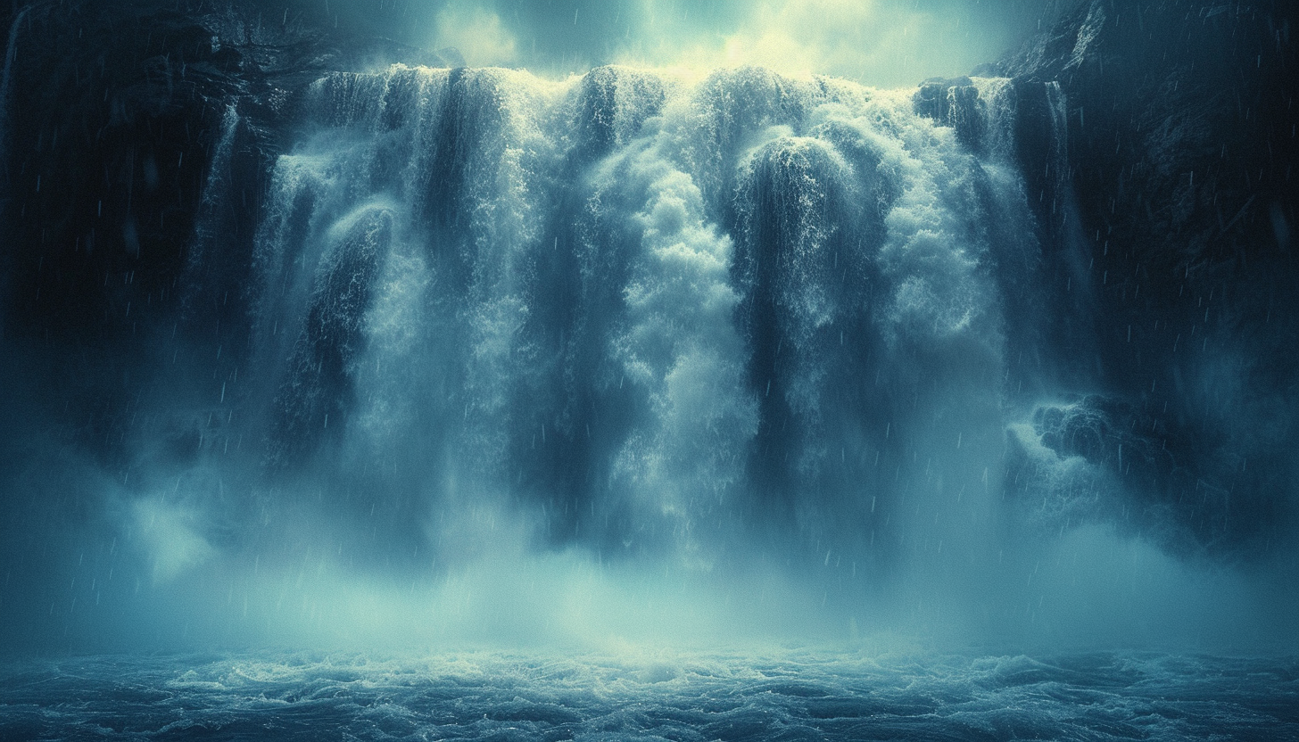 Imagine an app icon that embodies the spirit of a roaring waterfall, with cascading water, misty spray, and a powerful sense of energy.