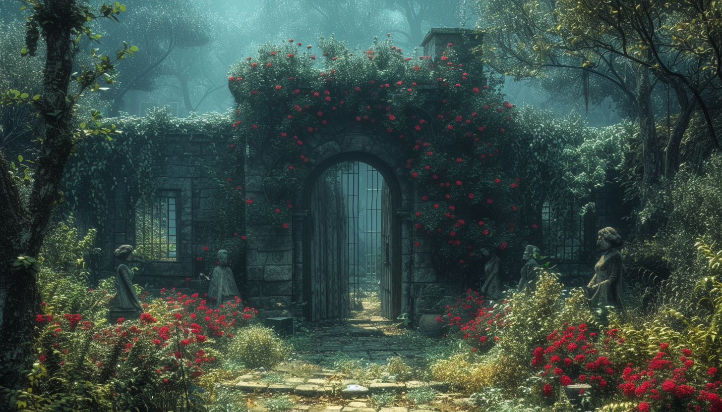 Discover a secret garden hidden within an overgrown maze, filled with hidden treasures, enchanting statues, and a sense of mystery.