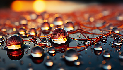 Close-up of dew drops on a spider's web, reflecting the colors of a sunrise.